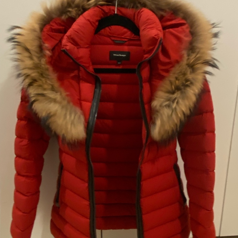 Mackage red puffer down jacket with fur hood